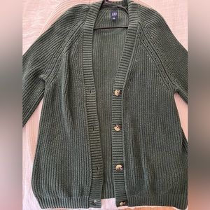 Gap womens **tall dk. green cardi. Shaker stitch/pointelle detail. Long, comfy